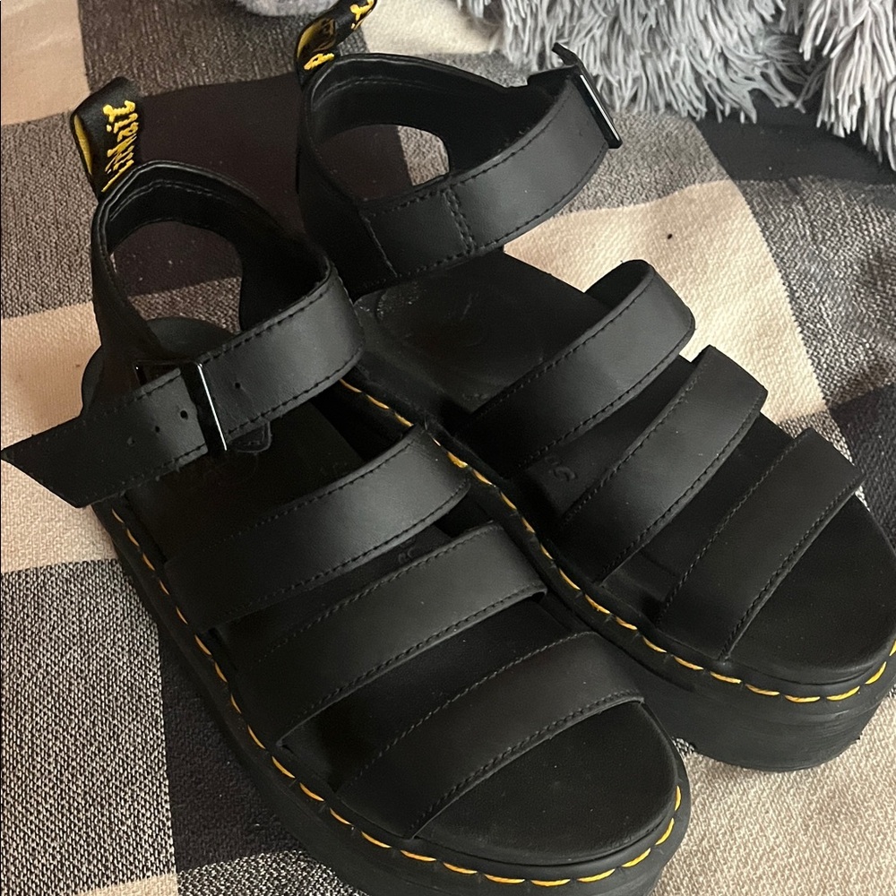 Dr. Martens Black Platform Sandals with Yellow Stitching